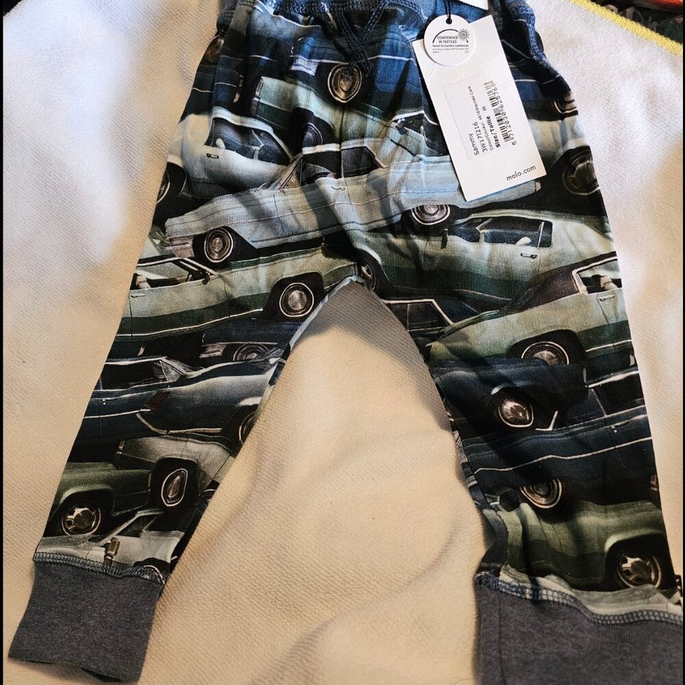 MOLO Pants Stacked Cars Sammy Gray Blue Unisex Size 86 Infant Size 18 months NEW